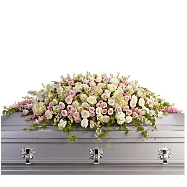 Funeral Casket with White and Pink Roses