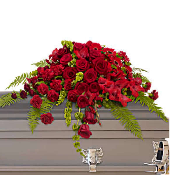 Casket with red roses