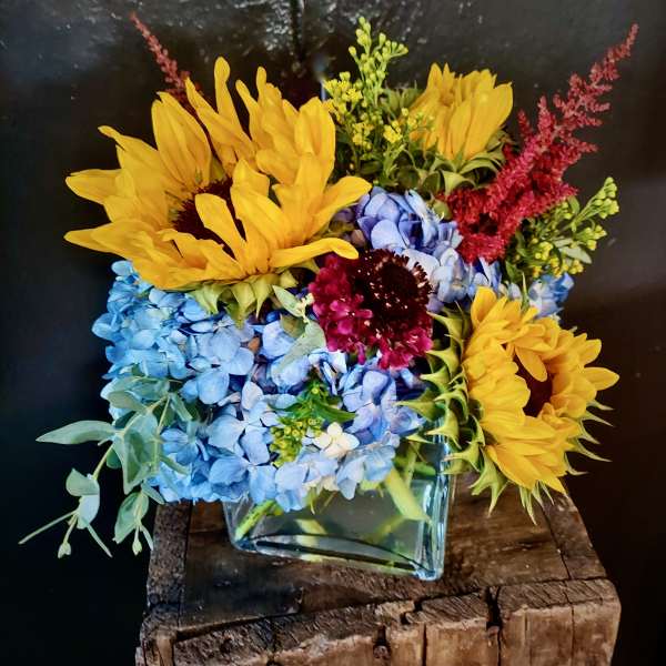 Bouquet of sunflowers, blue hydrangeas, and red filler in a glass vase