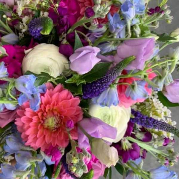 Colorful mixed bouquet with pink dahlia, white ranunculus, lavender blooms and blue flowers