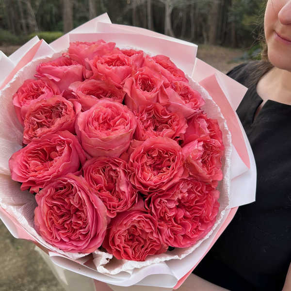 Bouquet of bright pink roses wrapped in pale pink paper