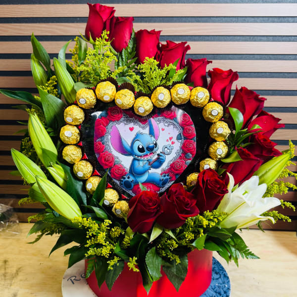 Heart-shaped rose and candy arrangement with a Stitch center topper