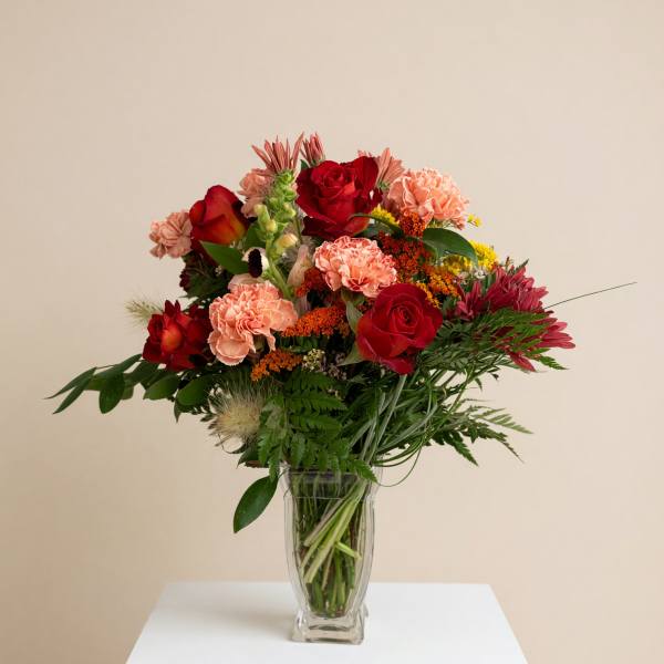Mixed bouquet of red roses and peach carnations in a clear glass vase