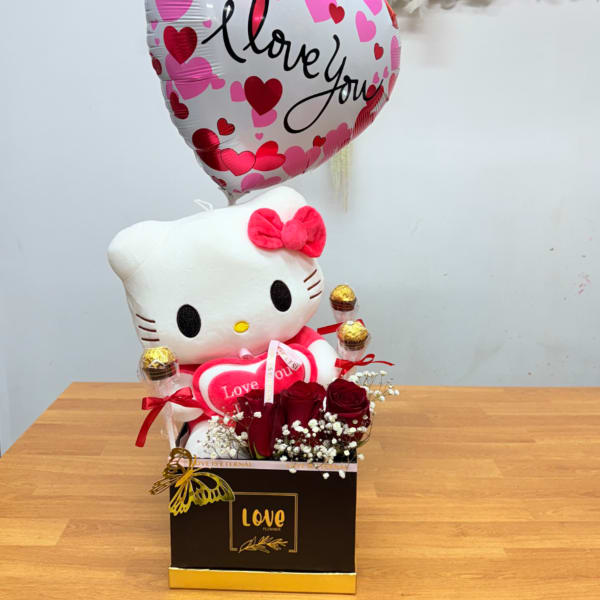 Hello Kitty gift box with heart balloon, roses, and chocolates