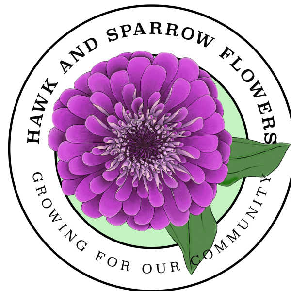 Purple flower logo with circular text and green leaves