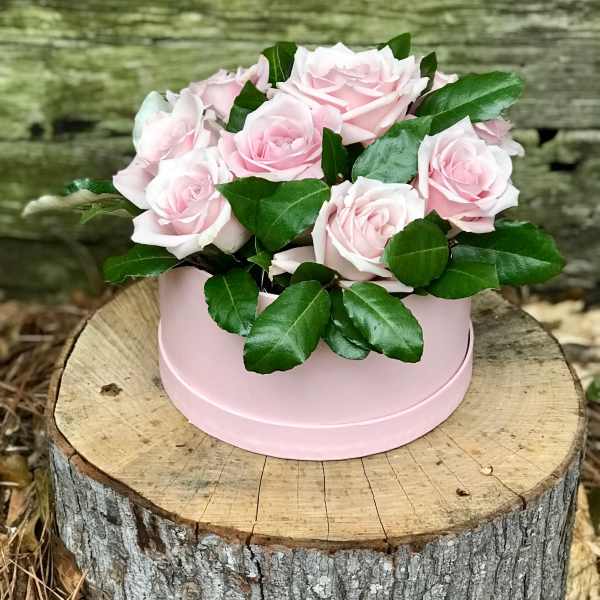 Pink roses arranged in a round pink box