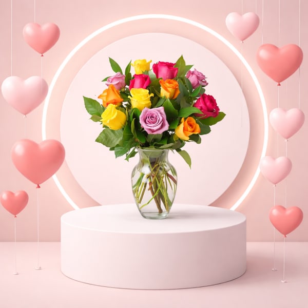 Bouquet of multicolored roses in a clear glass vase with heart balloons