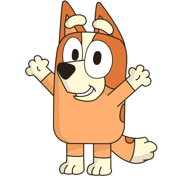 Cartoon orange dog character with raised paws on a green background