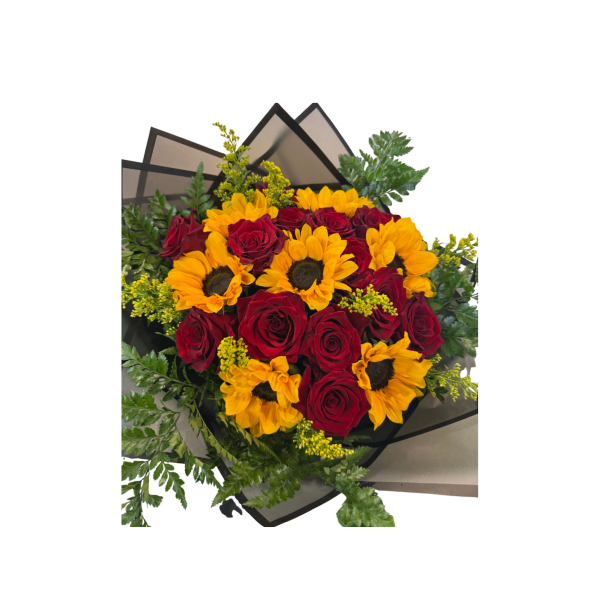 Bouquet of red roses and yellow sunflowers with greenery
