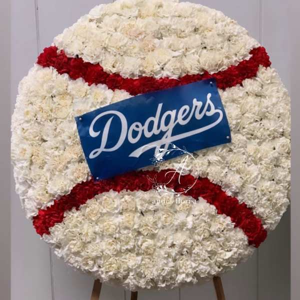 Large floral baseball display with a Dodgers sign