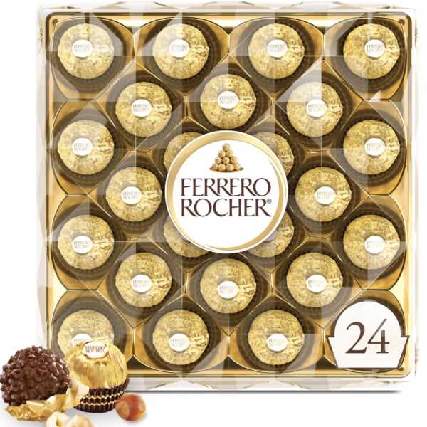 Box of Ferrero Rocher chocolates with one chocolate shown outside the package