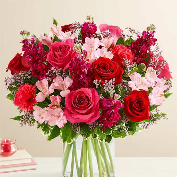 Bouquet of red and pink roses in a clear glass vase
