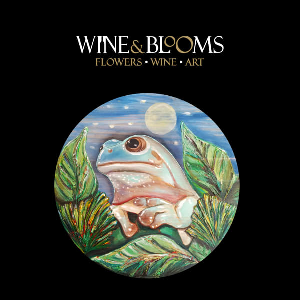 Circular painting of a frog among tropical leaves under a moonlit sky