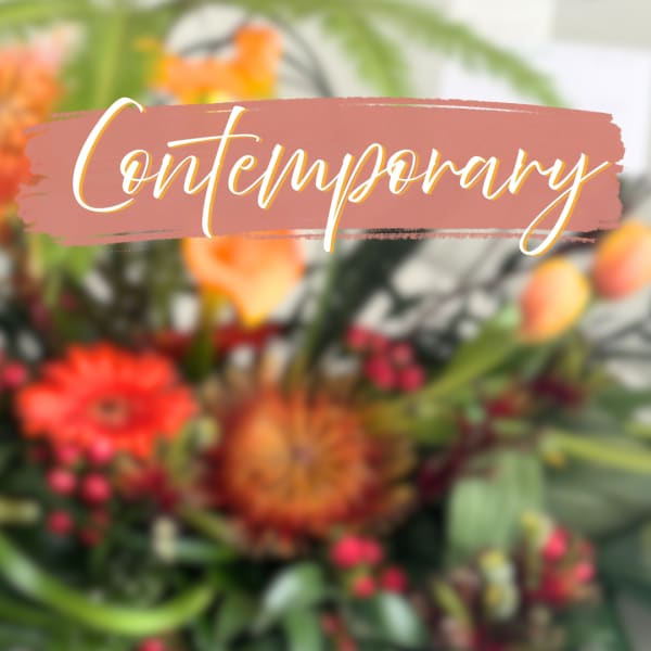 Blurred floral arrangement with the word "Contemporary" across the center
