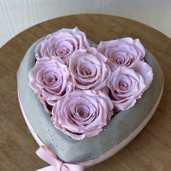 Heart-shaped box of pale pink roses tied with a pink ribbon
