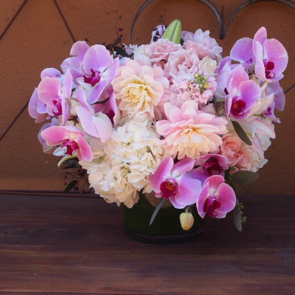 Pink and white orchid arrangement in a dark vase