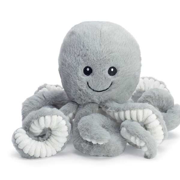 Gray plush octopus toy with a smiling face on a white background