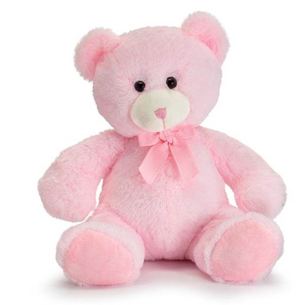 Pink teddy bear with a ribbon bow sitting on a white background