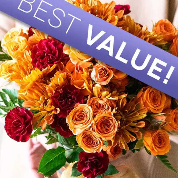Bouquet of orange and red flowers with a purple banner reading BEST VALUE