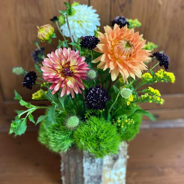 Mixed dahlia arrangement in a rustic wooden container
