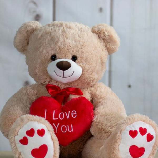 Plush teddy bear holding a red heart with "I Love You" text