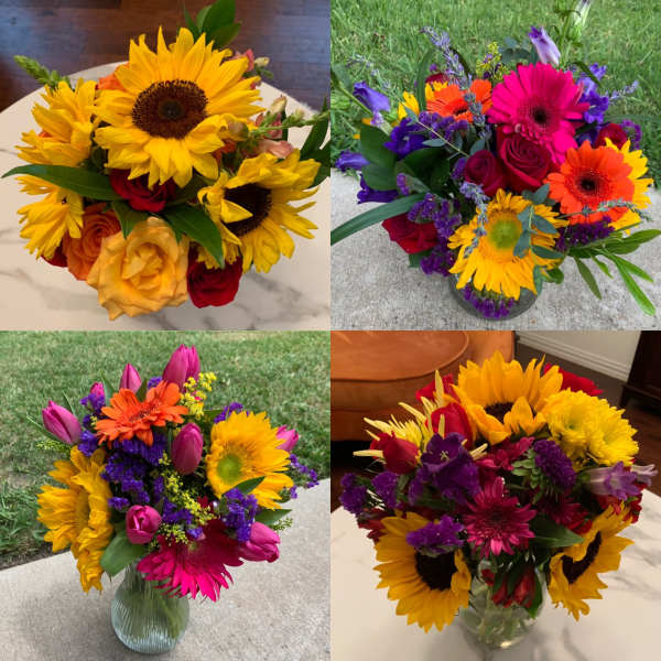 Four colorful mixed flower bouquets with sunflowers, roses, and gerbera daisies