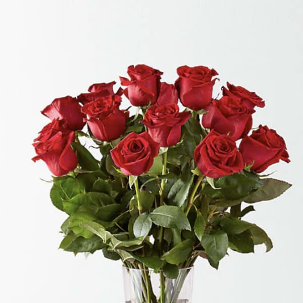 Bouquet of red roses in a clear glass vase