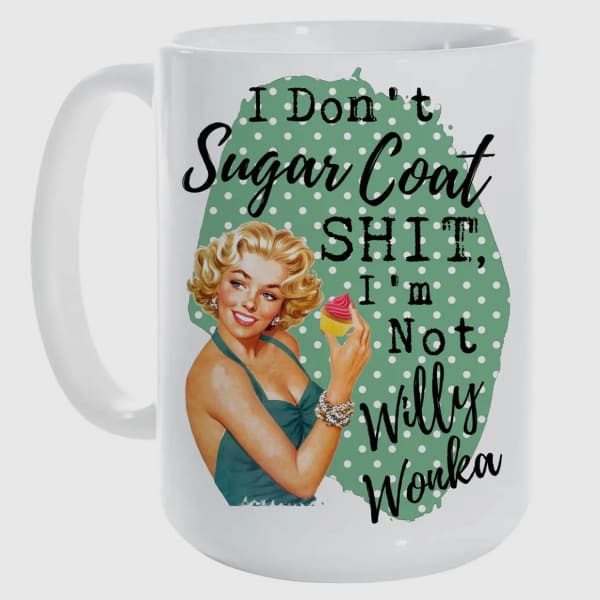 White mug with a retro pin-up graphic and bold text
