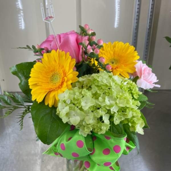 Bouquet of yellow gerbera daisies, pink roses, and green hydrangea in a glass vase