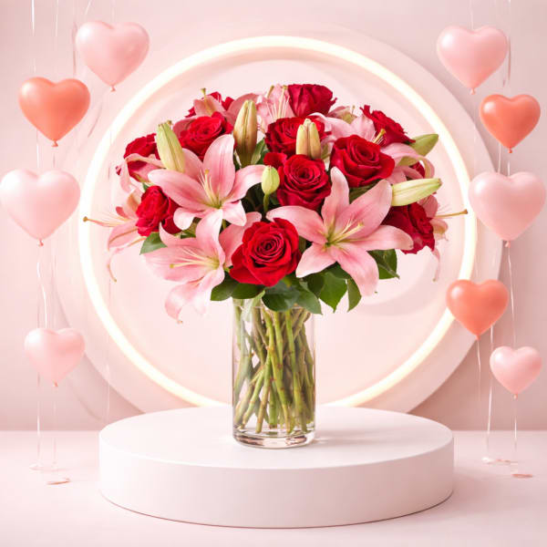 Red roses and pink lilies in a clear glass vase with heart balloons
