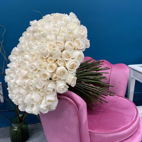 Large bouquet of white roses resting on a pink chair