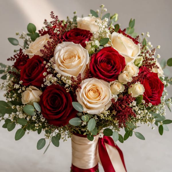 Bouquet of red and ivory roses with greenery and a satin ribbon wrap