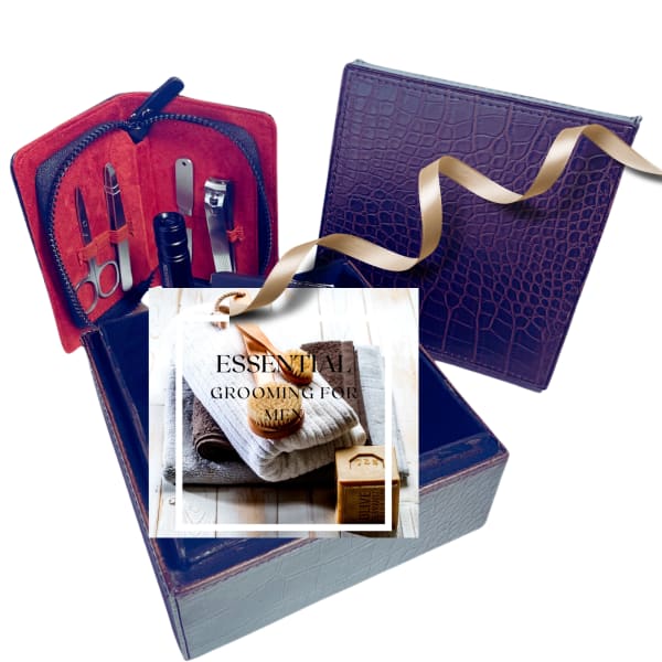 Men's grooming gift box with tools, towels, and soap