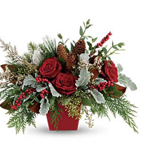 Red roses in a red container with pinecones and winter greenery
