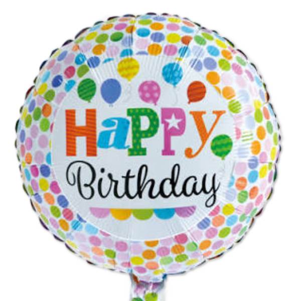 Round birthday balloon with colorful polka dots and "Happy Birthday" text