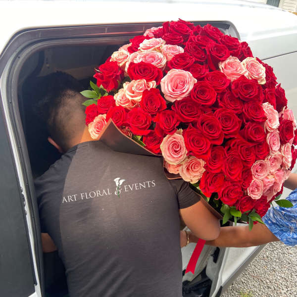 Large bouquet of red and pink roses being carried into a car