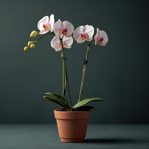 Potted orchid with white and pink blooms in a terracotta pot