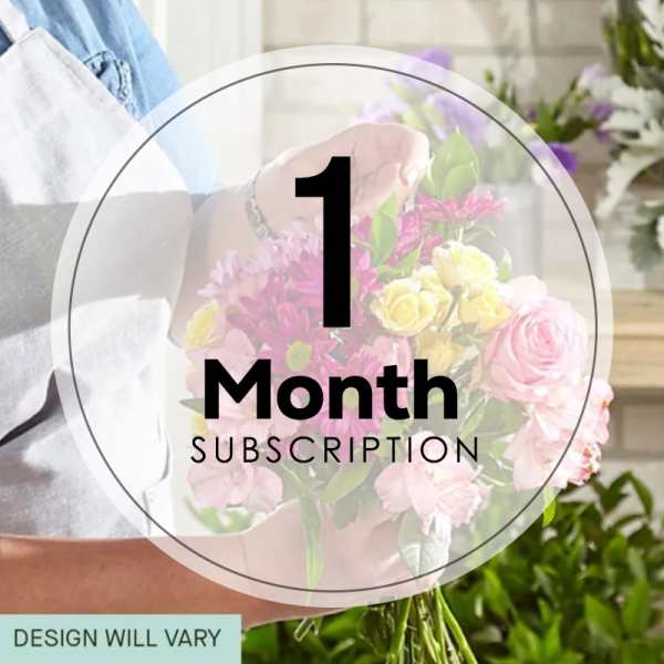 Person holding a pink and yellow mixed flower bouquet with a subscription label