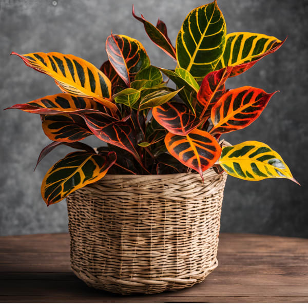 Colorful croton plant in a woven basket planter