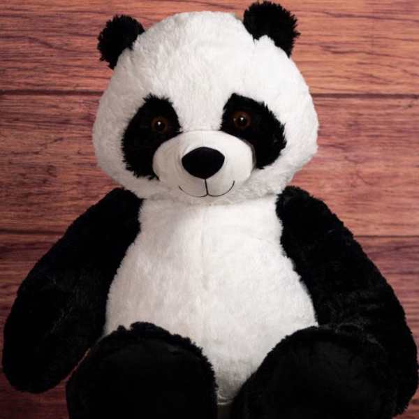 Plush panda bear sitting against a wood background