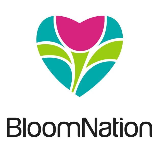 BloomNation logo with a stylized heart-shaped flower icon and text