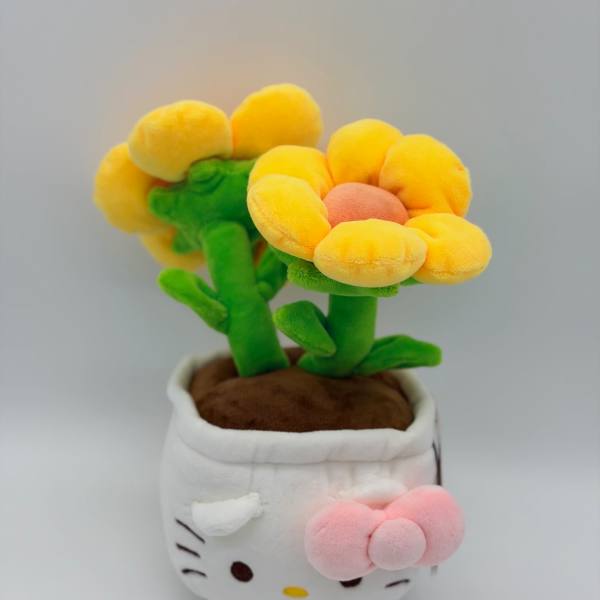 Plush flower arrangement in a Hello Kitty pot with yellow blooms