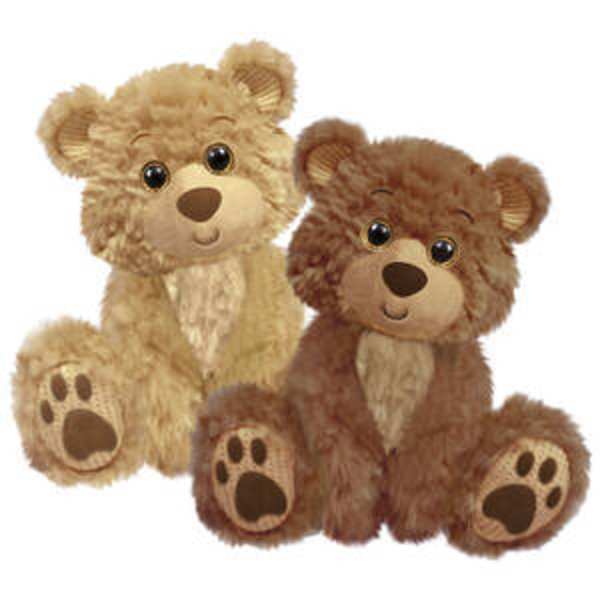 Two plush teddy bears sitting side by side on a white background