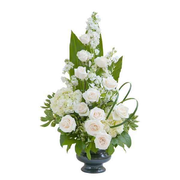 White roses and hydrangeas in a black urn vase