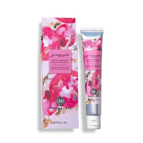 Pomegranate hand repair cream tube and matching box with pink floral artwork