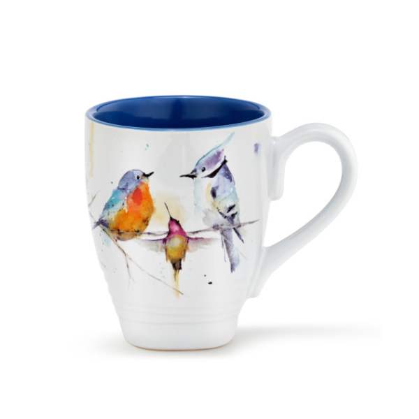 White mug with a blue interior and watercolor birds on the side