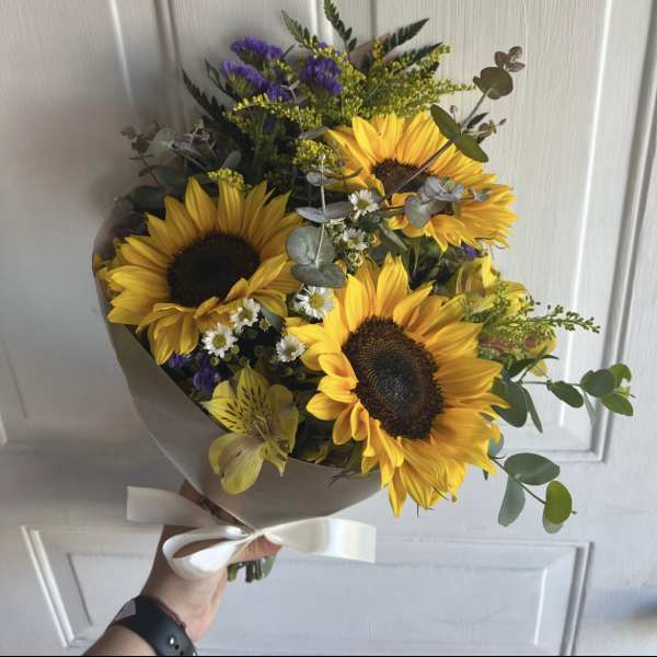 3 Sunflowers in a Wrapped Bouquet