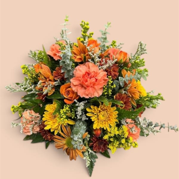 Orange and yellow mixed bouquet with carnations and chrysanthemums