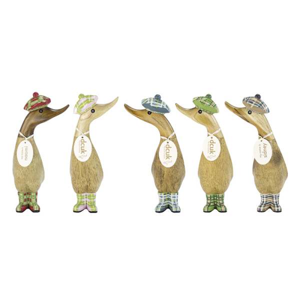 Five decorative duck figurines wearing plaid hats and boots