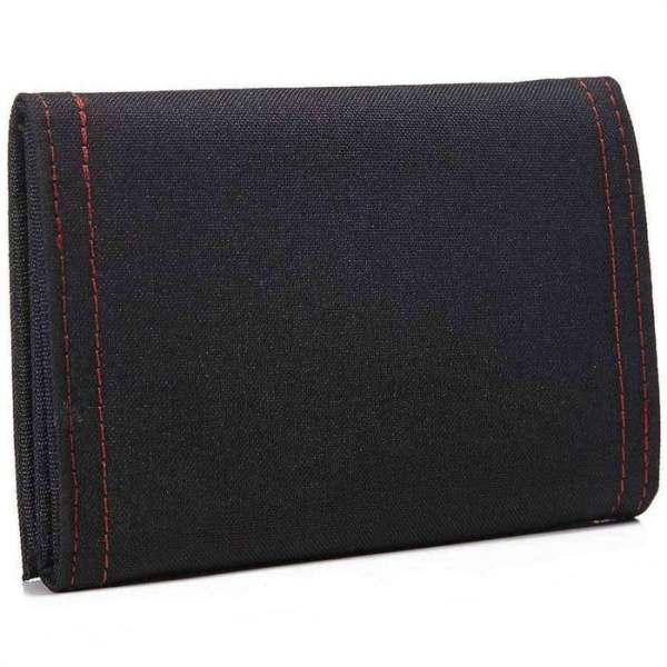 Black fabric wallet with red stitching on a white background